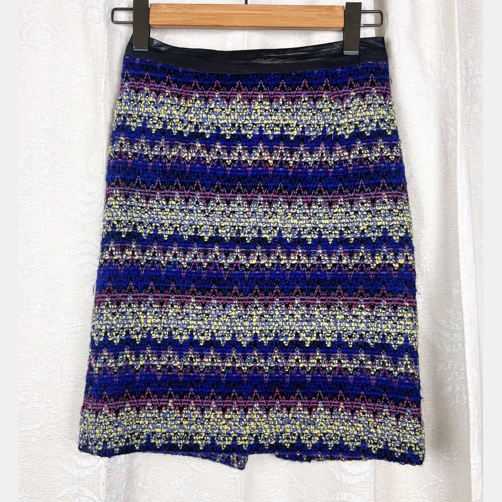 Milly Tweed Chevron Stripe Virgin Wool & Lamb Leather pencil straight skirt